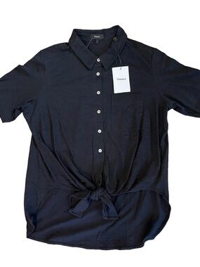Theory Hekanina Navy Blue Button-Up Cotton Top Size L NWT